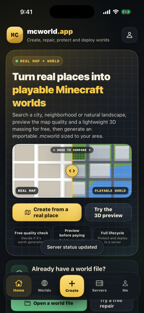 TopoBlocks home page: turn real places into playable Minecraft worlds